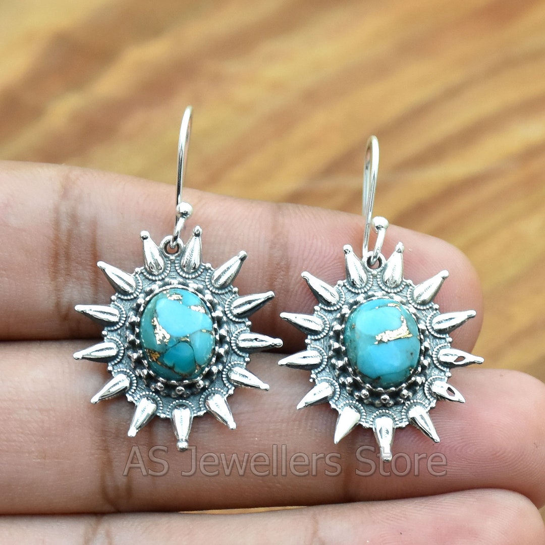 ハンドメイド925スターリングシルバーターコイズサンイヤリング