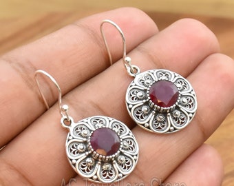 Handmade 925 Sterling Silver Indian Ruby Earrings: Boho Dangle Earrings