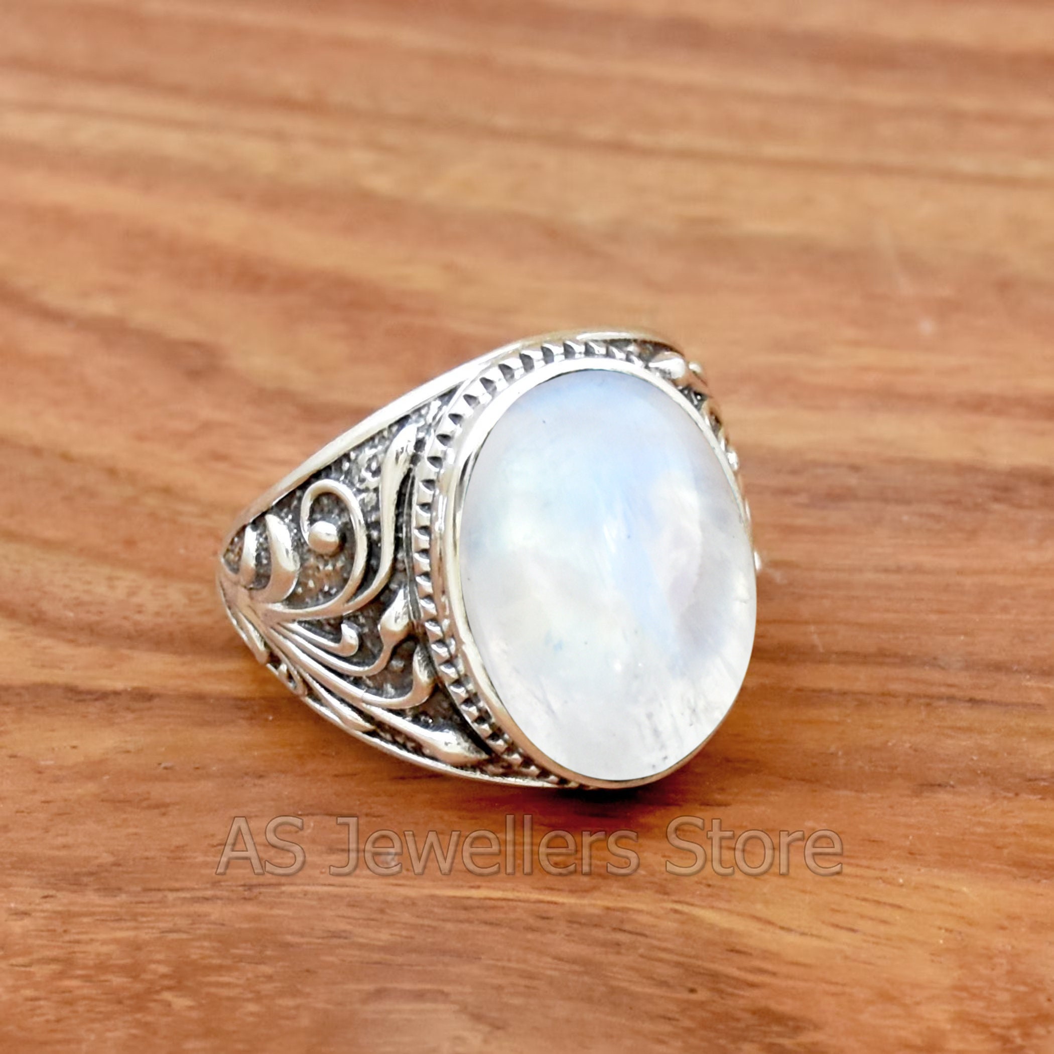 Blue Flash Moonstone Ring: Handmade 925 Sterling Silver Mens Ring