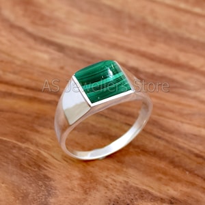 Handmade Square Malachite Ring: Minimalist Jewellery,925 Sterling Silver Men&#39;s Ring