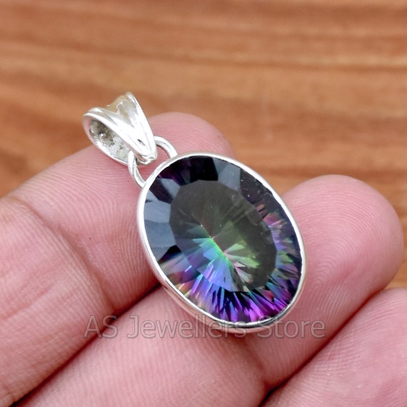 Collana Con Ciondolo In Topazio Mistico Arcobaleno, Argento 925, Taglio A Pera, Catena 45 Cm