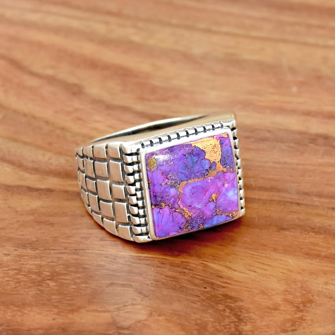 Purple Copper Turquoise Ring, 925 Sterling Silver Ring, Handmade Men's
