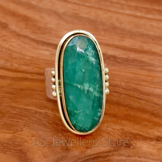 Handmade Emerald Silver Ring: Two Tone Wide Band, 925 Sterling Silver