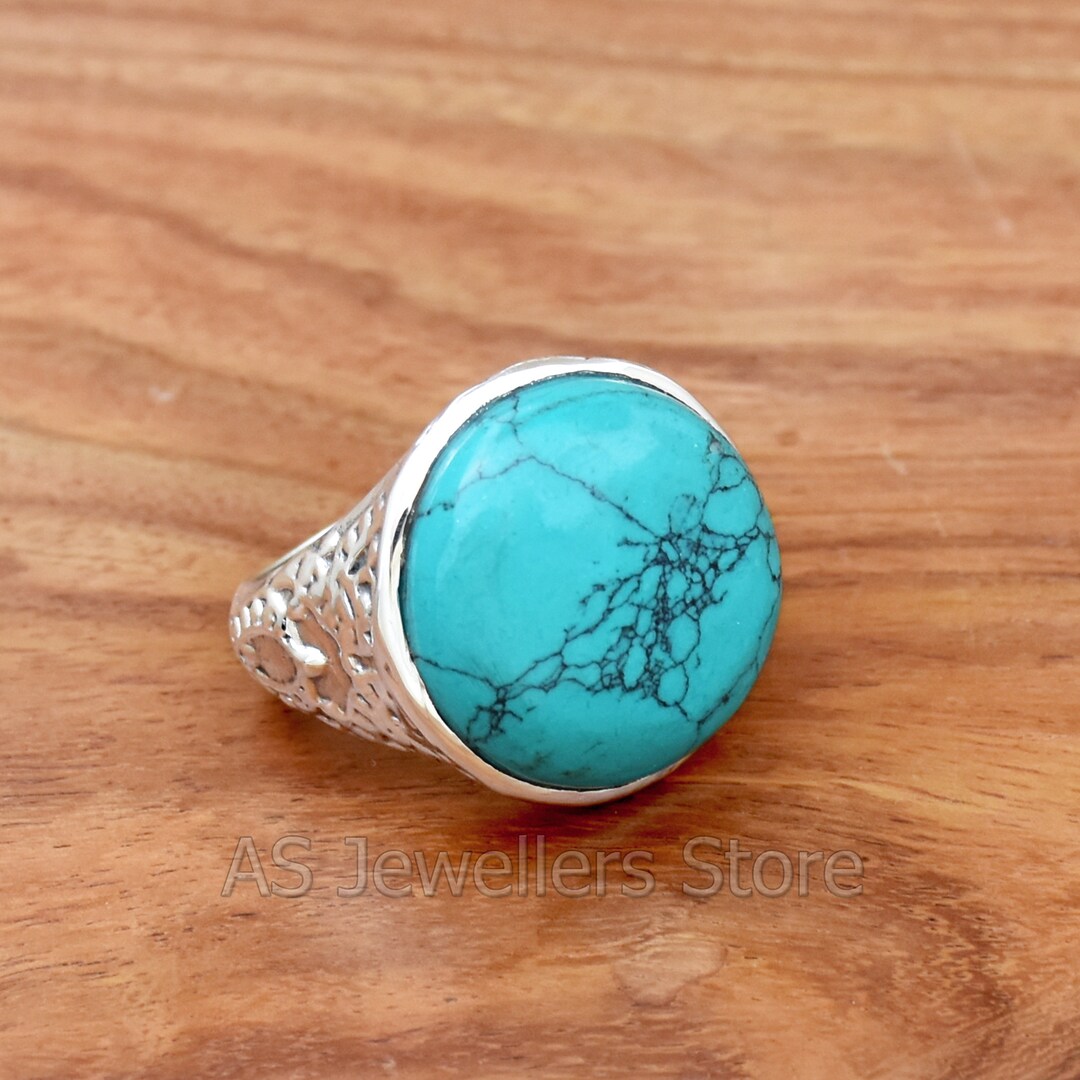 Handmade Turquoise Ring: Round Stone 925 Sterling Silver Mens Ring - Etsy