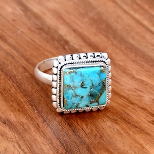 Handmade 925 Sterling Silver Ring: Blue Copper Turquoise Gemstone
