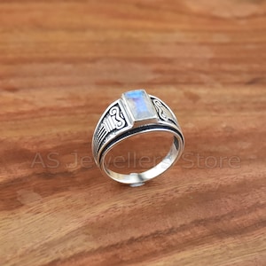 Rainbow Moonstone Mens Ring: Handmade 925 Sterling Silver Jewelry