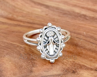 925 Sterling Silver Miraculous Medal Ring: Catholic Mary Ring