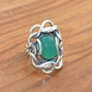 Handmade 925 Sterling Silver Green Onyx Snake Ring: Statement Jewelry