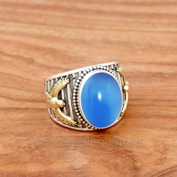 Blue Chalcedony Ring, Eagle Mens Ring, Designer Ring, Two Tone Men's Ring, Gemstone Jewelry, Silver Men's Ring, 925 Sterling Silver Ring