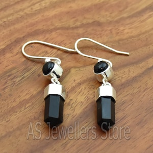 Black Onyx Dangle Earrings: 925 Sterling Silver Pencil Gemstone