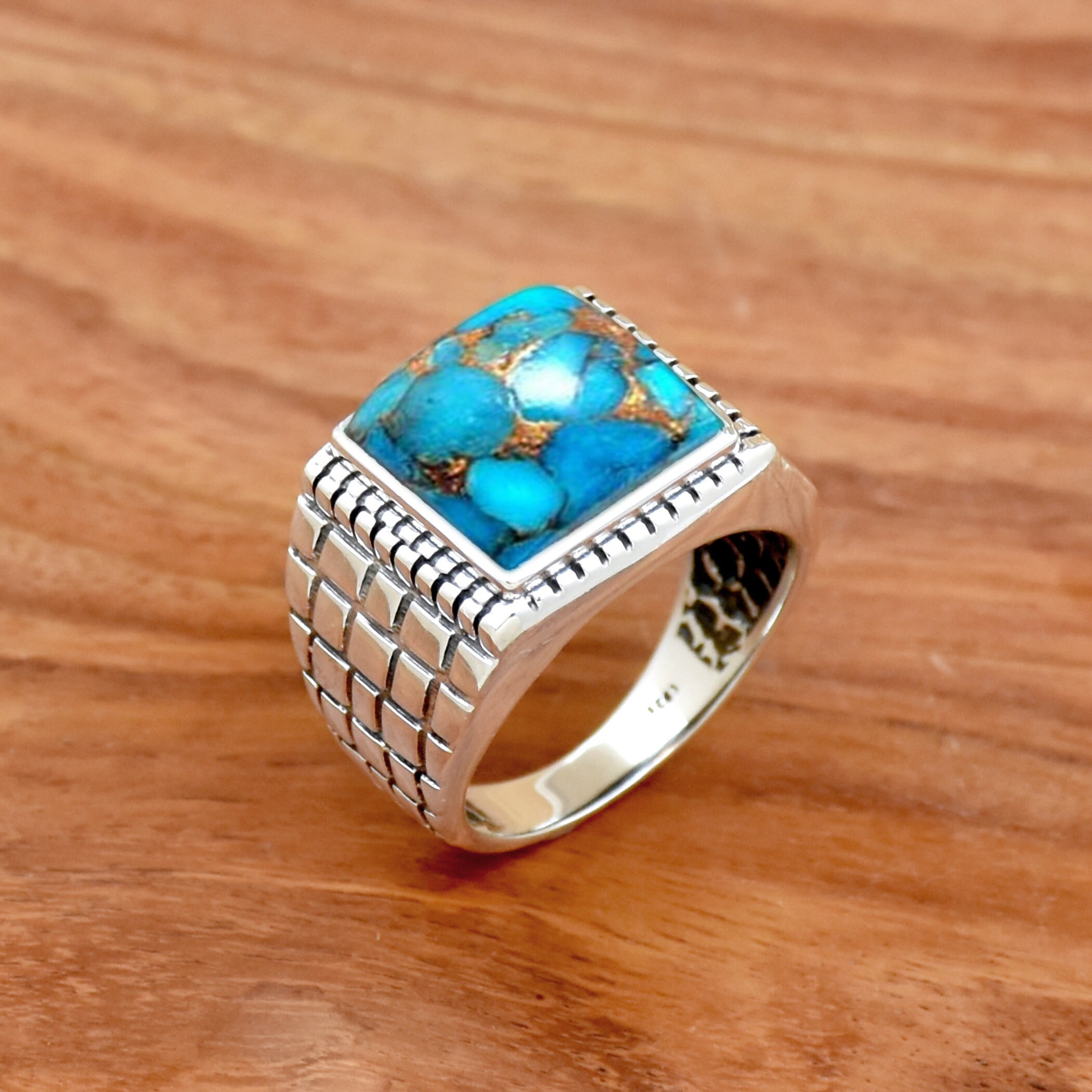 Anello Uomo In Argento 925 Con Turchese Naturale – Fatto A Mano, Stile Statement, Tutte Le Misure