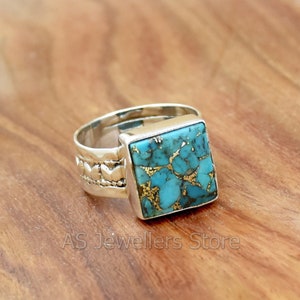 Blauer Kupfer Türkis Ring, 925 Sterling Silber Ring, Designer Bandring, handgemachter Silberring, Boho Ring, Breitbandring, Geschenk für Sie
