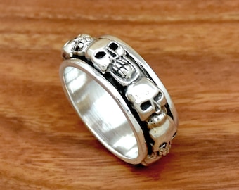 925 Sterling Silver Skull Spinner Ring: Wide Band Biker Ring