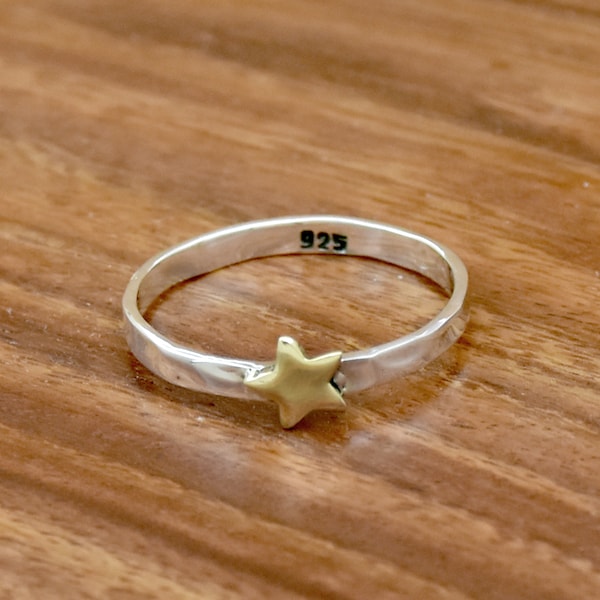 Solid 925 Sterling Silver Star Ring, Handmade Ring,  Two Tone Ring, Thin Band 925 Sterling Silver Ring, Brass Star Ring, Dainty Ring,