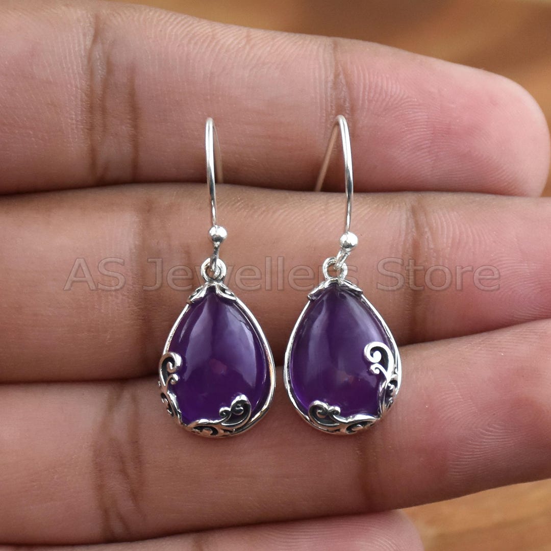 Boucles D'Oreilles Pendantes En Argent 925 Avec Améthyste Naturelle Ovale - Fabriqué En France - Neuf