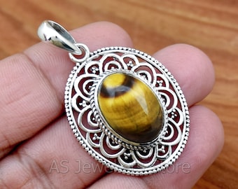 Natural Tiger Eye 925 Sterling Silver Pendant - Handmade Jewelry