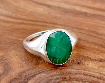 925 Sterling Silver Ring, Emerald Men's Ring, Handmade Ring, Emerald Gemstone Ring, Plain Ring, Silver Ring, Oval Band Ring, Gift For Him