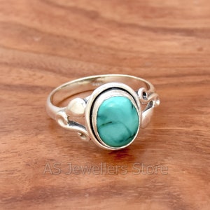 Tibetan Turquoise Ring: Filigree 925 Sterling Silver, Oval Gemstone