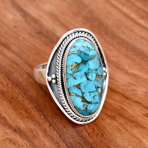Blue Copper Turquoise Ring: Handmade 925 Sterling Silver Designer Ring