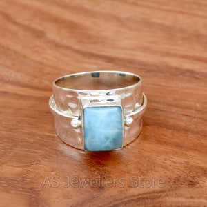 Larimar Ring, 925 Sterling Silver Ring, Blue Larimar Ring, Statement Ring, Handmade Ring, Hammered Ring, Wide Band Ring, Anniversary Ring
