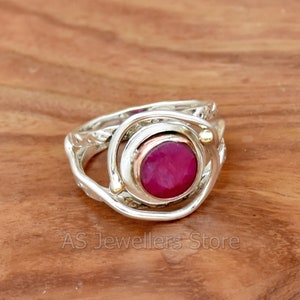 Handmade 925 Sterling Silver Ruby Ring: Two-Tone Wire Design