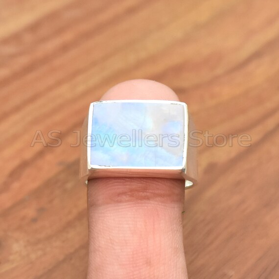 Handmade Rainbow Moonstone Ring: Solid 925 Sterling Silver Men's