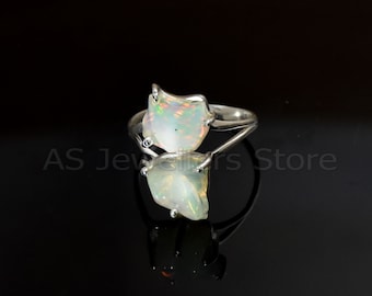 Raw Opal Ring, Fire Opal Ring, Dual Opal Ring, Opal Gemstone Ring, Raw Stone Jewelry, Opal Ring For Unisex, Rainbow Ring, 2 Gemstone Ring