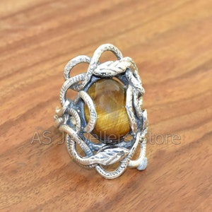 Tiger Eye Snake Ring: Handmade 925 Sterling Silver Gemstone Statement Ring