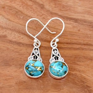 Blue Copper Turquoise 925 Sterling Silver Dangle Earrings: Handmade Boho Jewelry