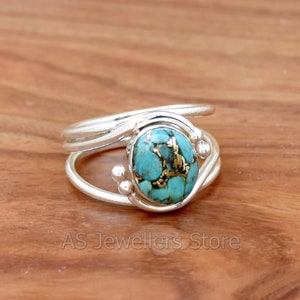 Blue Copper Turquoise 925 Sterling Silver Ring: Bohemian Wire Statement Ring