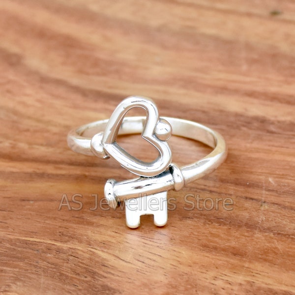 Porte-clés Heart Lock, bague en argent sterling 925, bague faite à la main, bague de promesse, clé de mon cœur, bague Boho, bague de proposition pour amoureux,