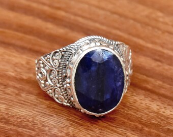Blauer Saphir 925 Sterling Silber Ring: Ovaler Edelstein Statement Schmuck
