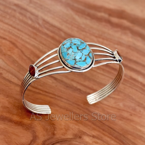 Handmade 925 Sterling Silver Blue Copper Turquoise Garnet Cuff
