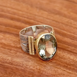 Green Amethyst Ring, 925  Sterling Silver Ring, Two Tone Ring, Wide Band Ring, Oval Amethyst Ring, Anniversary Ring, Gift For Her