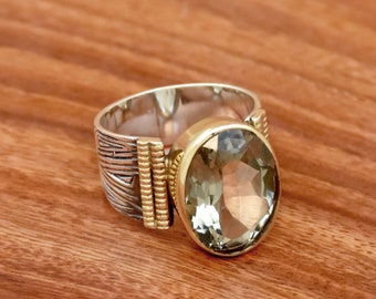 Oval Green Amethyst Ring: Two-Tone Ring,925 Sterling Silver Wide Band