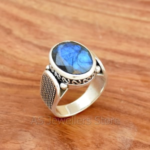 Handmade Faceted Labradorite Ring:925 Sterling Silver Mens Ring