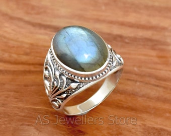 ハンドメイド ラブラドライト 925 スターリングシルバー メンズリング