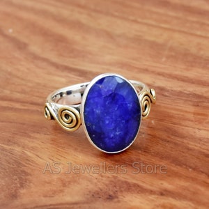 Indischer Saphir Ring, zweifarbiger Ring, 925 Sterling Silber Ring, handgemachter Silberring, gemischtes Metall Ring, Frauenring, zierlicher Ring, Geschenk für sie