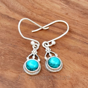 925 Sterling Silver Turquoise Flower Earrings: Handmade Dangle Ear Wire Design