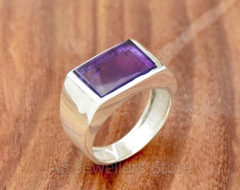 Natural Amethyst Sterling Silver Men's Ring - Handmade