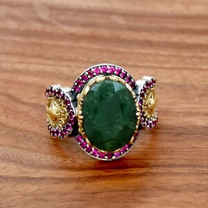 Turkish Ring, 925 Steling Silver Ring, Natural Emerald & Natural Pink Zircon, Hurrem Design, Ottoman Style, Handmade Ring, Engagement Rings