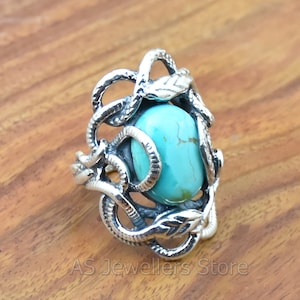 Silver Snake Ring, Tiny Snake Ring, Serpent Ring, Snake Ring, 925 Sterling Silver Ring, Hippie Bohemian, Mohave Turquoise Ring, Statement