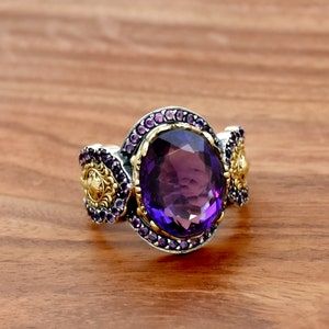 Turkish Ring, 925 Steling Silver Ring, Natural Amethyst, Oval & Round Cut, Hurrem Design, Ottoman Style, Handmade Ring, Engagement Rings