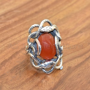 925 Sterling Silver Snake Ring: Handmade Carnelian Gemstone Statement Ring