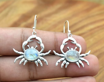 Moonstone Crab Stud Earring, 925 Sterling Silver Earring, Handmade Crab Silver Earring, Boho Earring for Girls, Silver, Best Idea for Gift