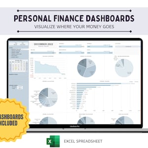May include: A laptop computer displaying a spreadsheet with three dashboards for personal finance tracking. The dashboards include charts and graphs to visualise income, expenses, and spending habits. The title of the spreadsheet is "Personal Finance Dashboards: Visualize Where Your Money Goes". The text "3 Dashboards Included" is displayed on a yellow starburst sticker.