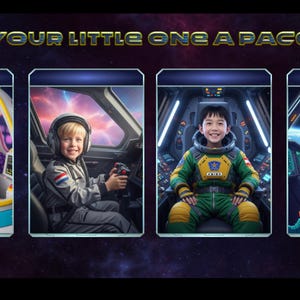 Puede incluir: Imagen ilustrada con el texto "MAKE YOUR LITTLE ONE A PAGE PILOT!". La imagen presenta cuatro paneles de niños vestidos como astronautas en varios escenarios temáticos espaciales, incluida una cabina de nave espacial.