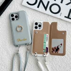 Estuche para teléfono con tarjetero para iPhone 16 con espejo, funda de cuero personalizada con correa cruzada para iPhone
