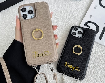 Custom Leather iPhone Case, Card Wallet, Crossbody Strap