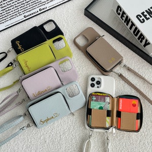 iPhone 16 Lederhülle mit Umhängeband, personalisierte Ledertasche für iPhone 16 15 14 13 12 11 Pro Max Plus Mini